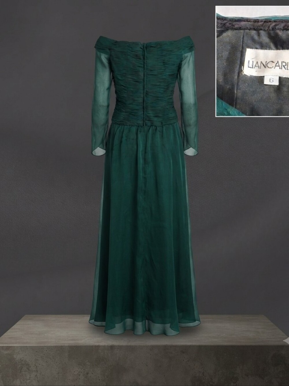 Liancarlo Green Off Shoulder Ruched Chiffon Long Sleeve Formal Gown Size 6